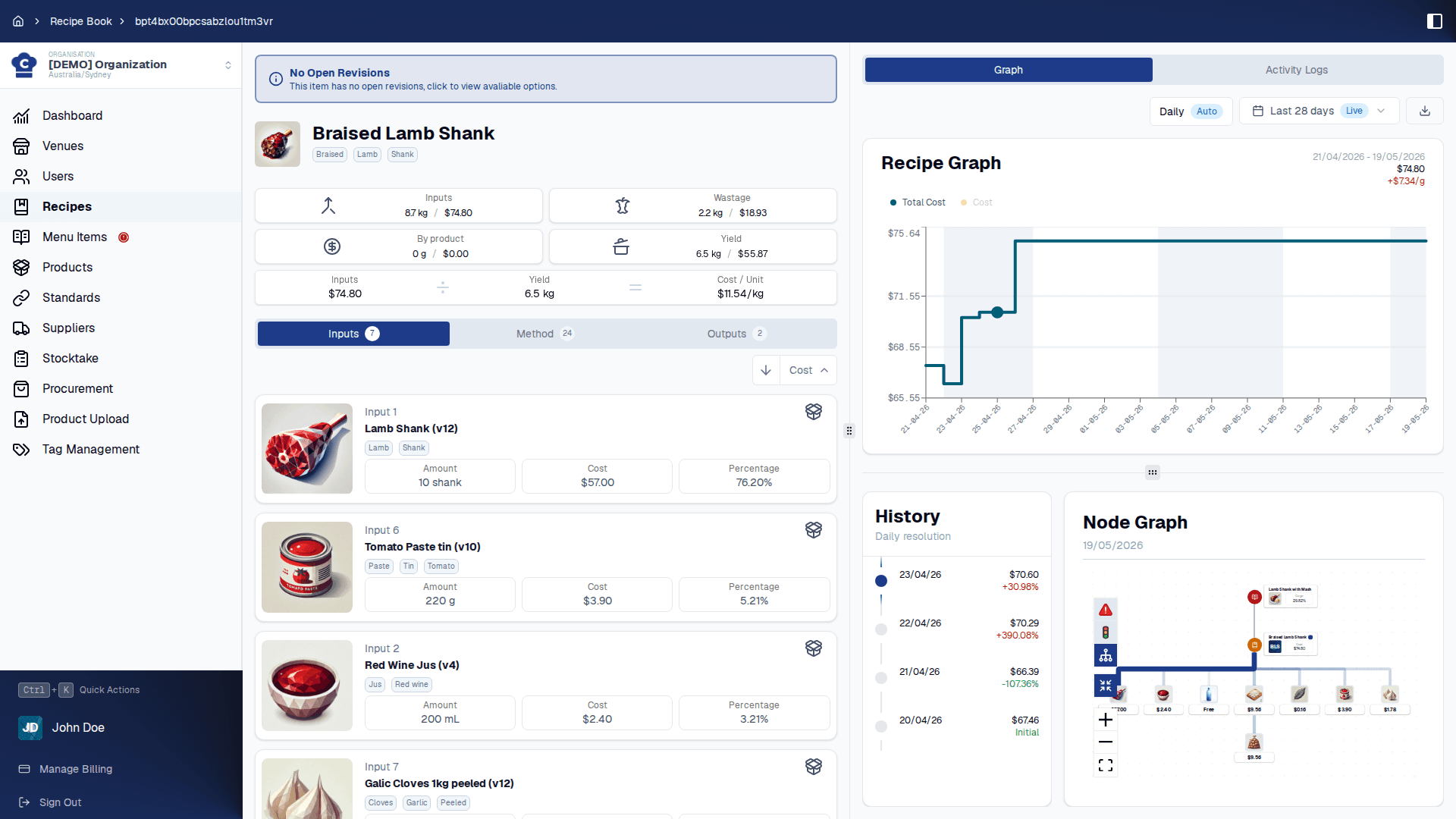 A costed recipe in Chefy showing ingredients and live cost.