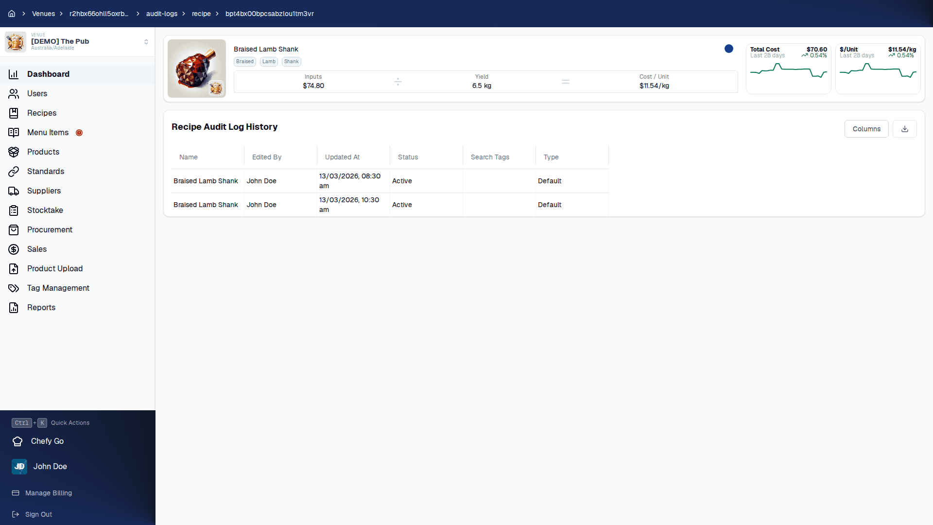 The audit log of changes to a recipe in Chefy.