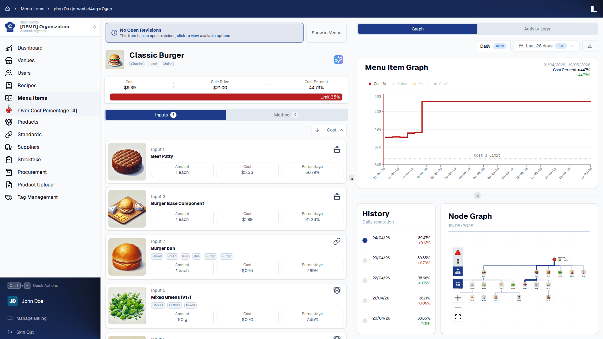 A menu item in Chefy showing its build, live cost and margin.